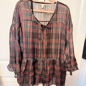 Cato Red and Green Plaid Sheer Blouse